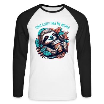Faultier erst Kaffee dann Welt Geschenk - Unisex Baseballshirt langarm - Weiß/Schwarz - Vorne - Nik (191cm)