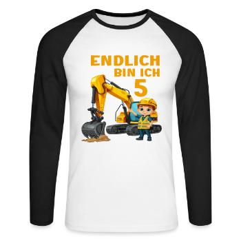 5 Geburtstag Bagger Baggern Baggerfahrer 5 Jahre - Unisex Baseballshirt langarm - Weiß/Schwarz - Vorne - Nik (191cm)
