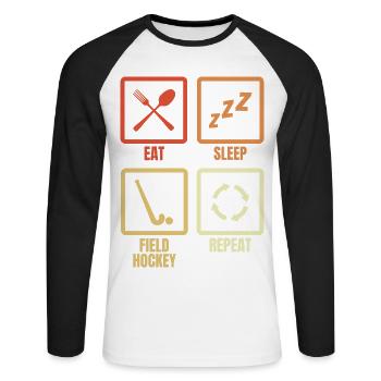 Eat Sleep Field Hockey Replay - Unisex Long Sleeve Baseball T-Shirt - white/black - Front - Nik (191cm)