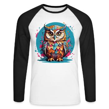 Liebenswerte Eule auf Farbklecksen - Unisex Baseballshirt langarm - Weiß/Schwarz - Vorne - Nik (191cm)