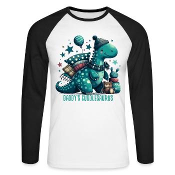 Daddy’s Cuddlesaurus Kuschel-Dinosaurier Geschenk - Unisex Baseballshirt langarm - Weiß/Schwarz - Vorne - Nik (191cm)