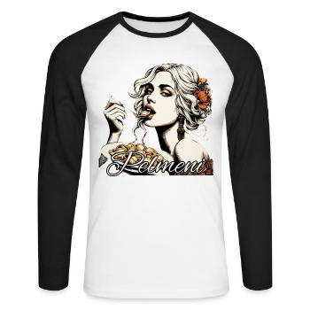 Pelmeni schöne blonde Frau isst Geschenk - Unisex Baseballshirt langarm - Weiß/Schwarz - Vorne - Nik (191cm)
