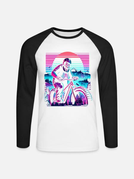 Synthwave Skeleton Biker Fatbike Retro Sunset - Unisex Long Sleeve Baseball T-Shirt - white/black