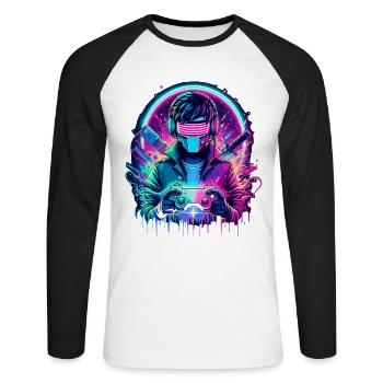 Neon Cyber Controller - Retro Gaming Power - Unisex Long Sleeve Baseball T-Shirt - white/black - Front - Nik (191cm)