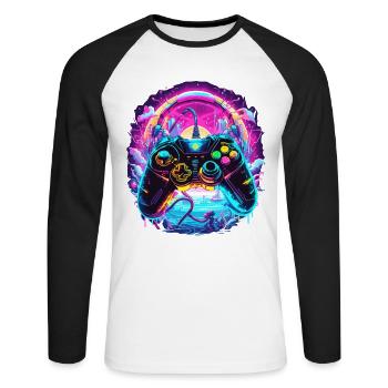 Manette Synthwave Gamer Fantasy Retro Gaming - T-shirt baseball manches longues Homme - blanc/noir - Devant - Nik (191cm)