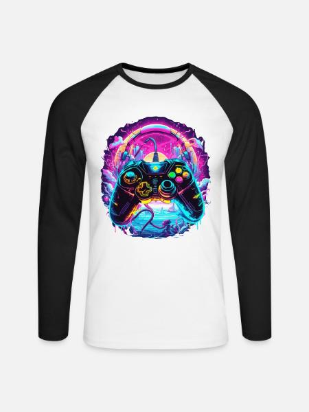 Synthwave Gamer Controller Fantasy Retro Gaming - Långärmad basebolltröja herr - vit/svart