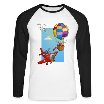 Mädchen in einem Heißluftballon und einem roten Flugzeug - Unisex Baseballshirt langarm - Weiß/Schwarz - Vorne - Nik (191cm)