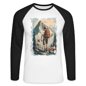 Randonneurs en montagne avec un chien | Illustration - T-shirt baseball manches longues Homme - blanc/noir - Devant - Nik (191cm)