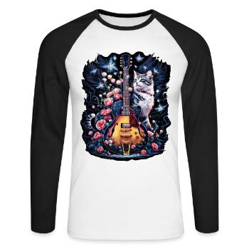 Musiker Gitarre Gitarrist Blumen Katzenträume - Unisex Baseballshirt langarm - Weiß/Schwarz - Vorne - Nik (191cm)