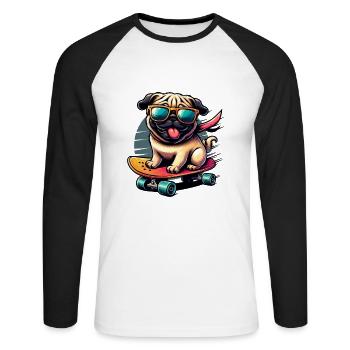 Skater Pug Dog - Unisex Long Sleeve Baseball T-Shirt - white/black - Front - Nik (191cm)