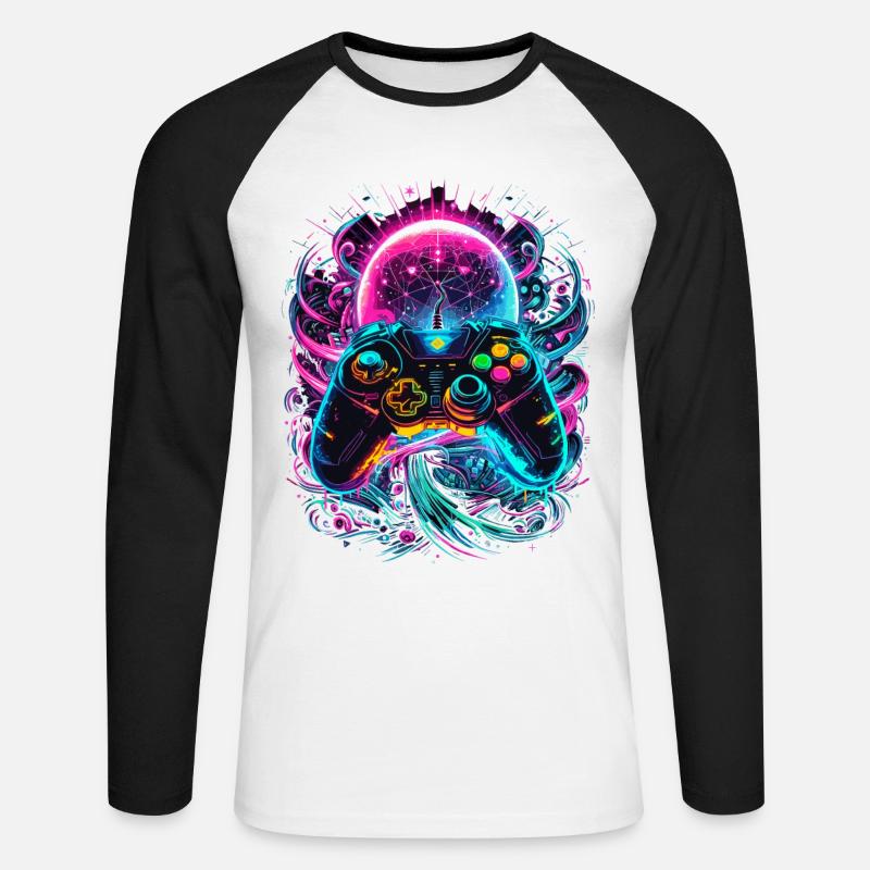 Synthwave Cyberpunk Gaming Controller - Unisex Baseballshirt langarm - Weiß/Schwarz