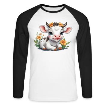 Mignon bébé vache veau sur prairie fleurie - T-shirt baseball manches longues Homme - blanc/noir - Devant - Nik (191cm)