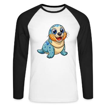 Siegel Niedliche Zeichentrickfigur Kawaii Clipart - Unisex Baseballshirt langarm - Weiß/Schwarz - Vorne - Nik (191cm)