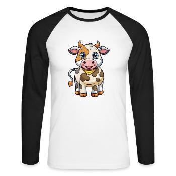 vache mignon personnage de dessin animé Kawaii Clipart - T-shirt baseball manches longues Homme - blanc/noir - Devant - Nik (191cm)
