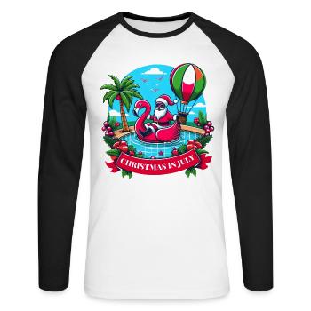 Feiern Sie Weihnachten im Juli mit dem Weihnachtsmann und dem Flamingo! - Unisex Baseballshirt langarm - Weiß/Schwarz - Vorne - Nik (191cm)