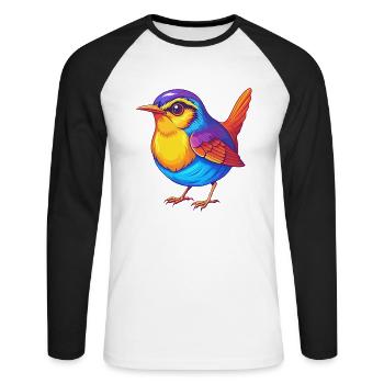 Wren coloré Kawaii Dessin animé Personnage Oiseau - T-shirt baseball manches longues Homme - blanc/noir - Devant - Nik (191cm)