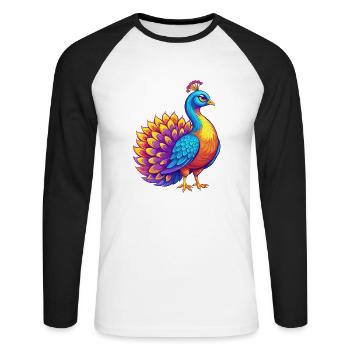 Peacock Colorful Kawaii Cartoon Character Bird - Unisex Long Sleeve Baseball T-Shirt - white/black - Front - Nik (191cm)