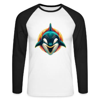 Orca Niedlich Kawaii Cartoon Clipart Tier Gesicht - Unisex Baseballshirt langarm - Weiß/Schwarz - Vorne - Nik (191cm)