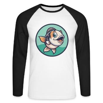 Poisson Kawaii Dessin animé Personnage Animal Animal Visage - T-shirt baseball manches longues Homme - blanc/noir - Devant - Nik (191cm)