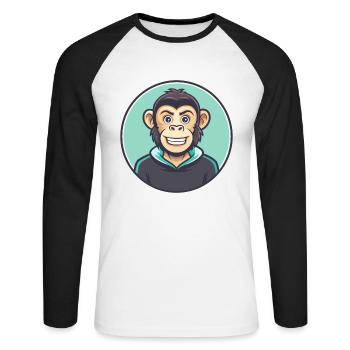 Singe Kawaii Dessin animé Personnage Animal Animal Visage - T-shirt baseball manches longues Homme - blanc/noir - Devant - Nik (191cm)