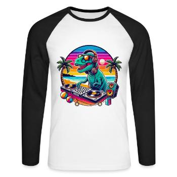 DJ Dinosaur Beach Vibes Sunset Summer Music Lover - Unisex Long Sleeve Baseball T-Shirt - white/black - Front - Nik (191cm)