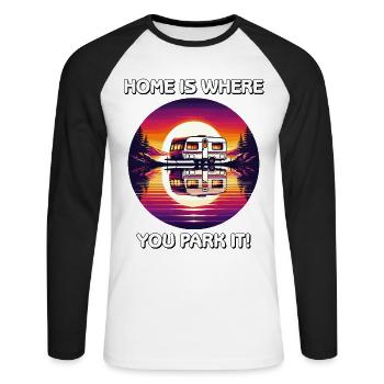 Home Is Where You Park It Retro Sunset Camper Van - Unisex Long Sleeve Baseball T-Shirt - white/black - Front - Nik (191cm)