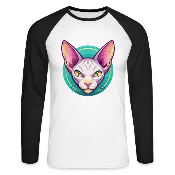 Peterbald Chat Race Dessin Animé Kawaii Animal Pet - T-shirt baseball manches longues Homme - blanc/noir - Devant - Nik (191cm)