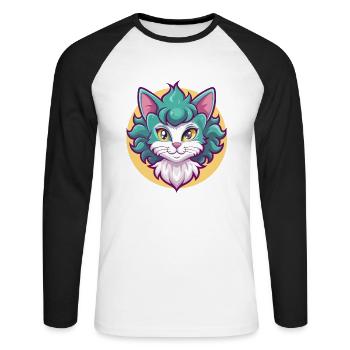 Laperm Chat Race Dessin Animé Kawaii Animal Pet - T-shirt baseball manches longues Homme - blanc/noir - Devant - Nik (191cm)