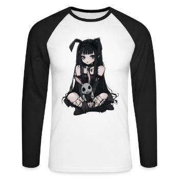 Kawaii Mignon Anime Fille Goth Lapin Grunge Gothique - T-shirt baseball manches longues Homme - blanc/noir - Devant - Nik (191cm)