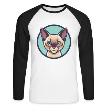 Chat Birman Européen Race Dessin Animé Kawaii Animal - T-shirt baseball manches longues Homme - blanc/noir - Devant - Nik (191cm)