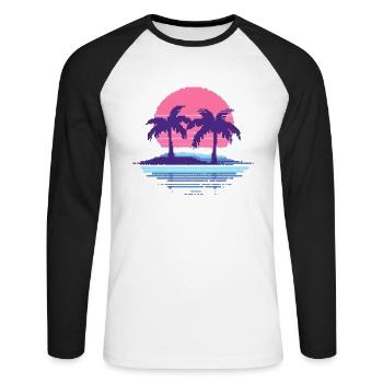 Vaporwave Synthwave Pixelart Palmiers Rétro Années 90 - T-shirt baseball manches longues Homme - blanc/noir - Devant - Nik (191cm)