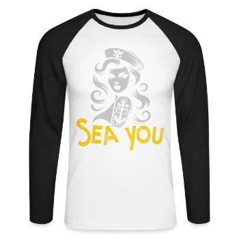 Sea You Mermaid Sailor Graphic Tee - Unisex Long Sleeve Baseball T-Shirt - white/black - Front - Nik (191cm)