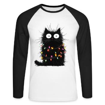 Lustige Katze Weihnachtsbaum Lichterkette Geschenk - Unisex Baseballshirt langarm - Weiß/Schwarz - Vorne - Nik (191cm)