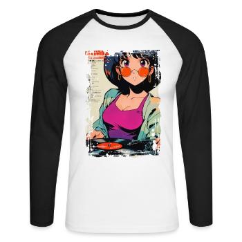 Anime DJ Mädchen mit Schallplatte - Unisex Baseballshirt langarm - Weiß/Schwarz - Vorne - Nik (191cm)
