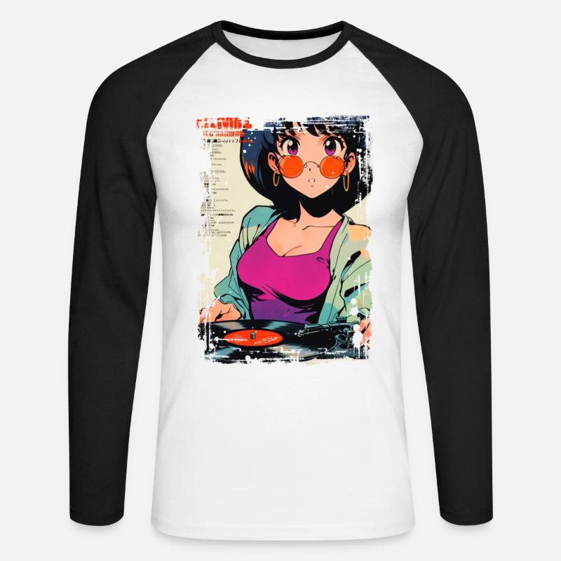 Anime DJ Mädchen mit Schallplatte - Unisex Baseballshirt langarm - Weiß/Schwarz