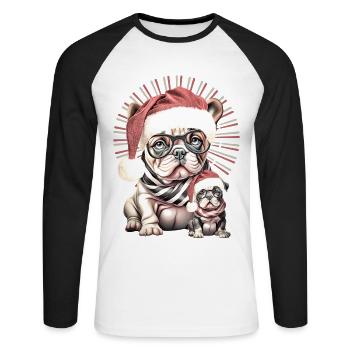 Weihnachts Bulldogge Duo - Unisex Baseballshirt langarm - Weiß/Schwarz - Vorne - Nik (191cm)