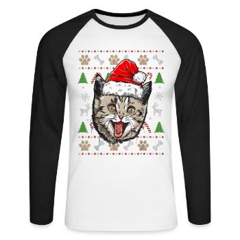 Pull Moche De Noel Chat Humour Noël Cadeau Drôle - T-shirt baseball manches longues Homme - blanc/noir - Devant - Nik (191cm)