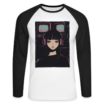 Anime Fille Vaporwave Pastel Goth Dystopique Glitch - T-shirt baseball manches longues Homme - blanc/noir - Devant - Nik (191cm)
