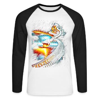 Abstract Turntable and Vinyl Vortex Design - Unisex Long Sleeve Baseball T-Shirt - white/black - Front - Nik (191cm)