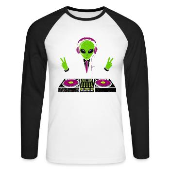 Funky Alien DJ – Peace and Beats Design - Unisex Long Sleeve Baseball T-Shirt - white/black - Front - Nik (191cm)