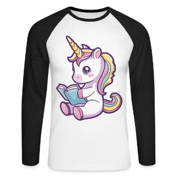 Cute Unicorn Cartoon Reading a Book - Unisex Long Sleeve Baseball T-Shirt - white/black - Front - Nik (191cm)