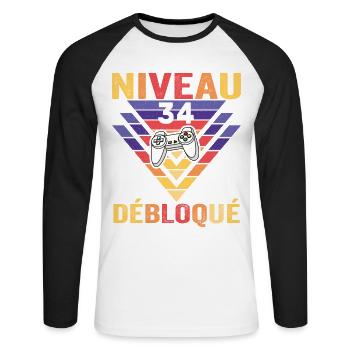 Level 34 Freigeschaltetes Geschenk 34 Jahre alter Gamer Geek Lustig - Unisex Baseballshirt langarm - Weiß/Schwarz - Vorne - Nik (191cm)