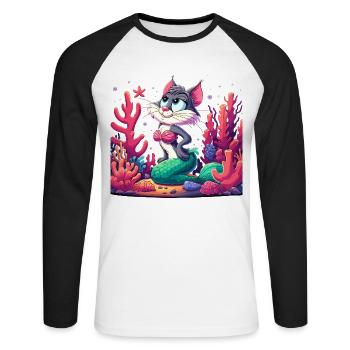 Meerjungfrau Nixe Katze Wasserkatze Geschenk - Unisex Baseballshirt langarm - Weiß/Schwarz - Vorne - Nik (191cm)