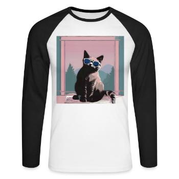Chat au look rétro d’été - T-shirt baseball manches longues Homme - blanc/noir - Devant - Nik (191cm)