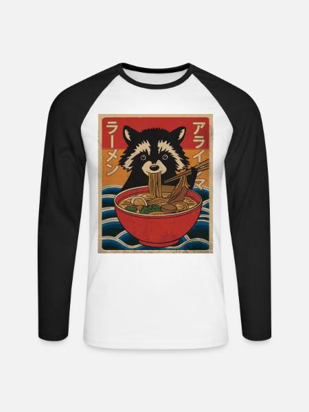 Kawaii Raccoon Ramen Funny Japanese Anime - Unisex Long Sleeve Baseball T-Shirt - white/black