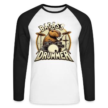 Knallharter Schlagzeuger Capybara cool Geschenk - Unisex Baseballshirt langarm - Weiß/Schwarz - Vorne - Nik (191cm)