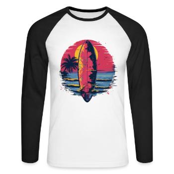Surfbrett Synthwave - Unisex Baseballshirt langarm - Weiß/Schwarz - Vorne - Nik (191cm)