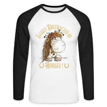 Facilement distrait par les chevaux Horse Saying - T-shirt baseball manches longues Homme - blanc/noir - Devant - Nik (191cm)