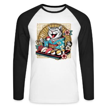 Sushi Katze getigert Kimono Maki Nigiri Geschenk - Unisex Baseballshirt langarm - Weiß/Schwarz - Vorne - Nik (191cm)