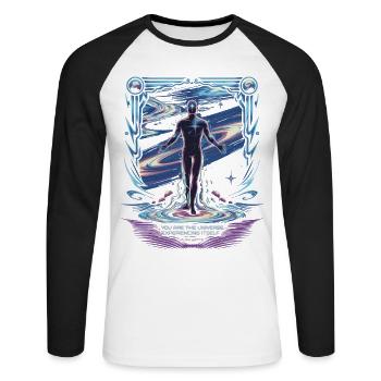 Cosmic Self | Alan Watts Universe Quote - Unisex Long Sleeve Baseball T-Shirt - white/black - Front - Nik (191cm)